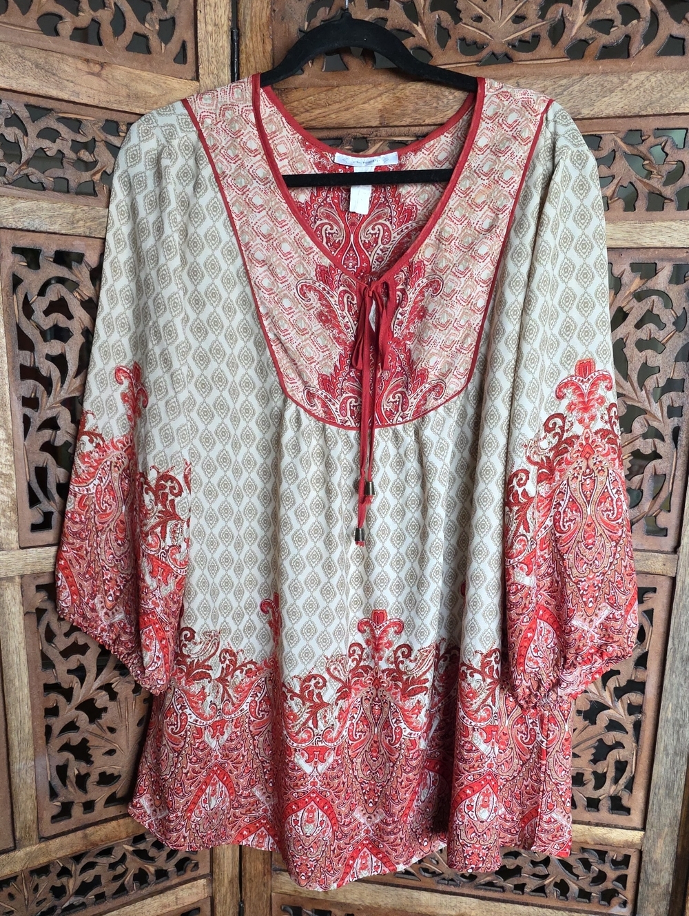 Paisley Tie-Neck Tunic Top in Red and Cream